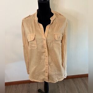 VTG Tommy Hilfiger Women’s 100% Linen Shirt Button Down Tan Resort Beach Size XL
